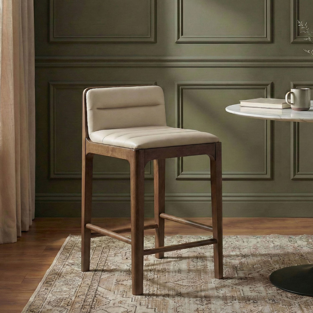 Ellis Cane And Vegan Leather Upholstered Counter Stool — Beige / Brown