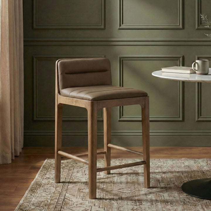 Ellis Cane And Vegan Leather Upholstered Counter Stool — Brown / Brown
