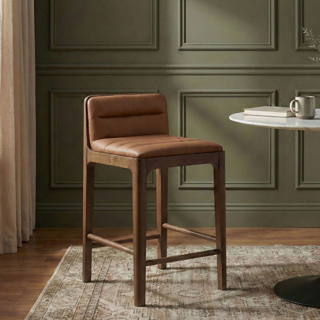 Ellis Cane And Vegan Leather Upholstered Counter Stool — Cognac / Brown