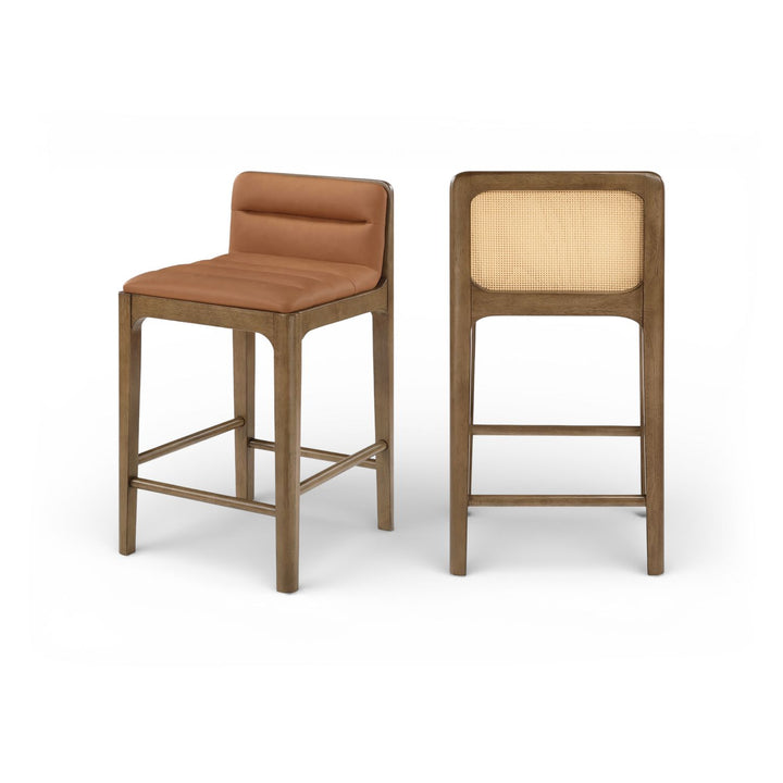 Ellis Cognac Cane And Vegan Leather Upholstered Counter Stool