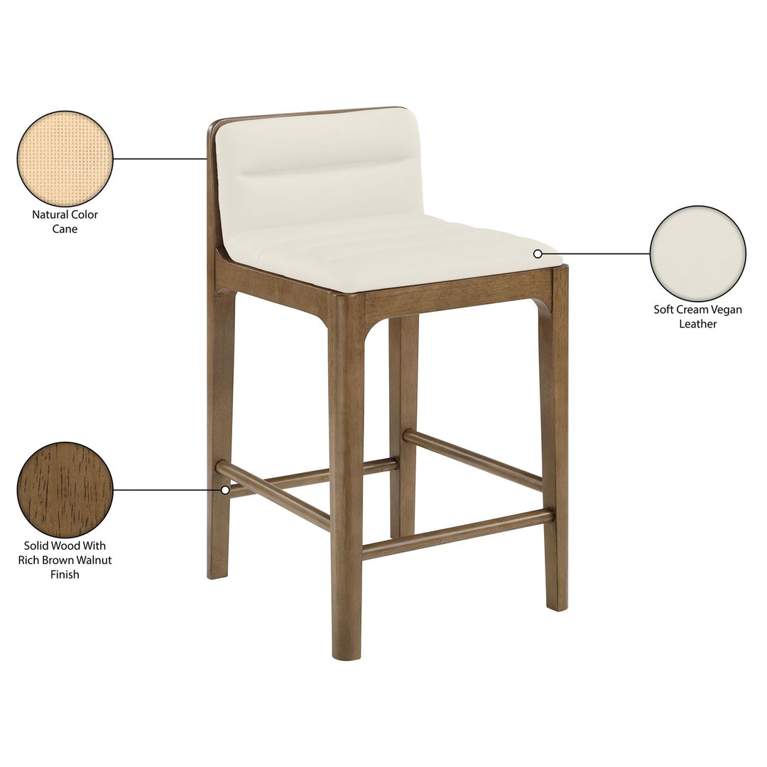 Ellis Cane And Vegan Leather Upholstered Counter Stool — Cream / Brown