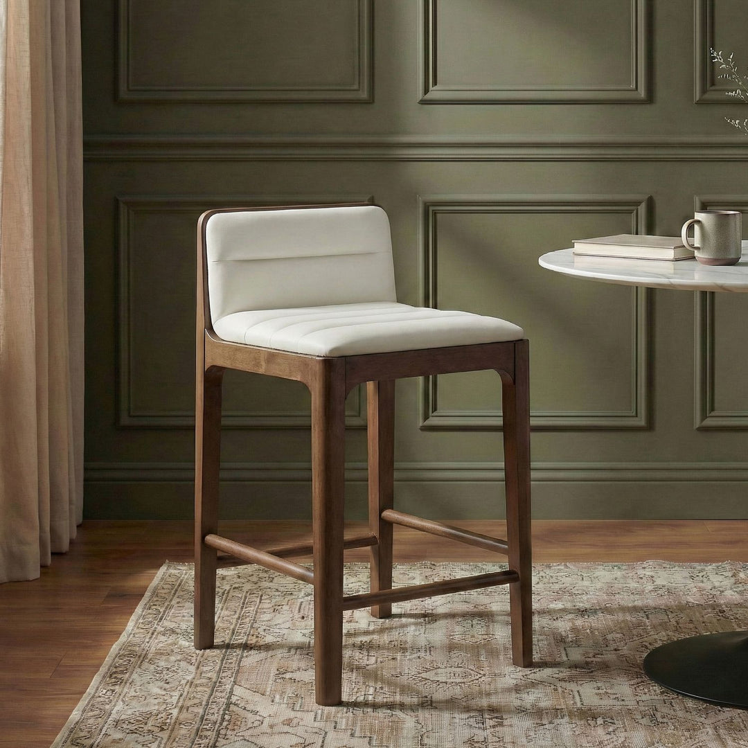 Ellis Cane And Vegan Leather Upholstered Counter Stool — Cream / Brown