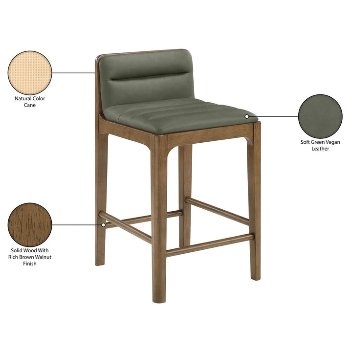 Ellis Cane And Vegan Leather Upholstered Counter Stool — Green / Brown