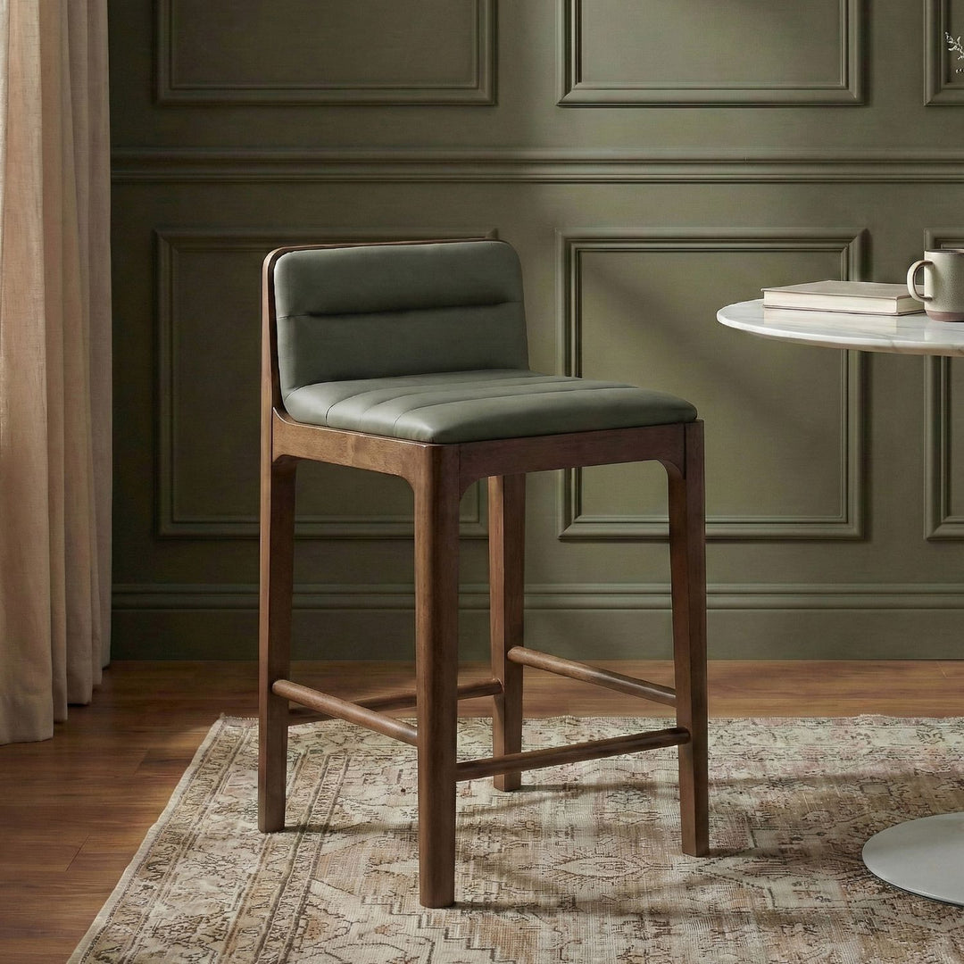 Ellis Cane And Vegan Leather Upholstered Counter Stool — Green / Brown