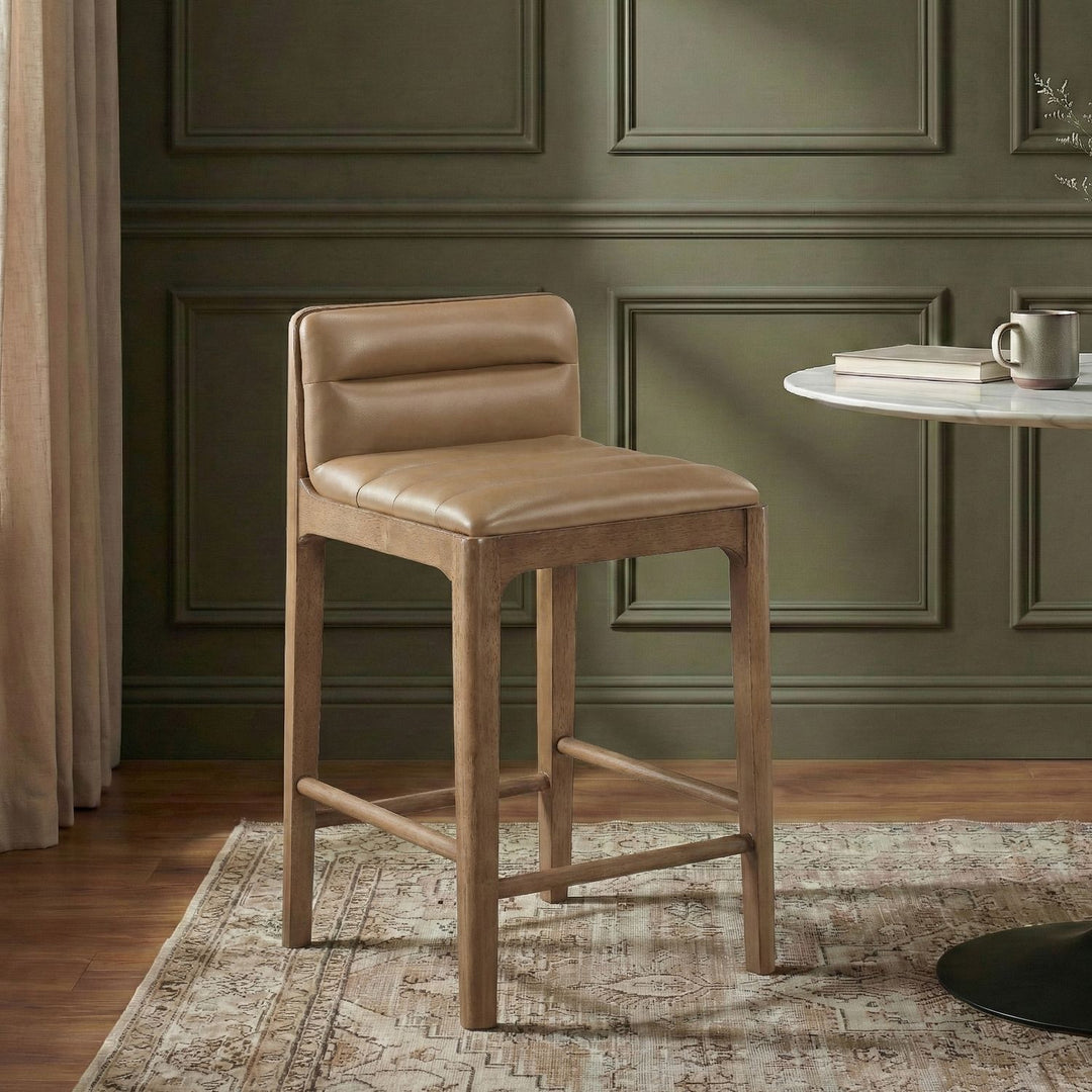 Ellis Cane And Vegan Leather Upholstered Counter Stool — Tan / Brown