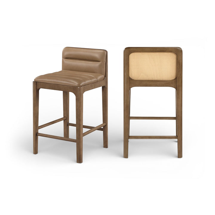 Ellis Tan Cane And Vegan Leather Upholstered Counter Stool