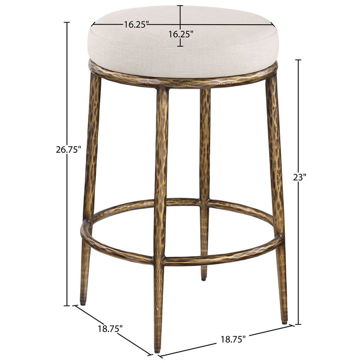 Ferro Linen Textured Performance Fabric Upholstered Counter Stool — Beige / Brushed Gold