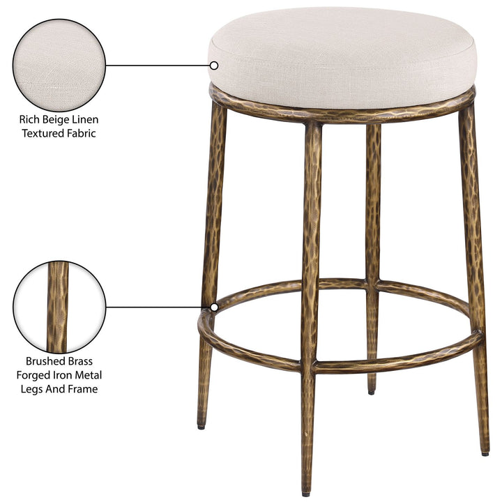 Ferro Linen Textured Performance Fabric Upholstered Counter Stool — Beige / Brushed Gold