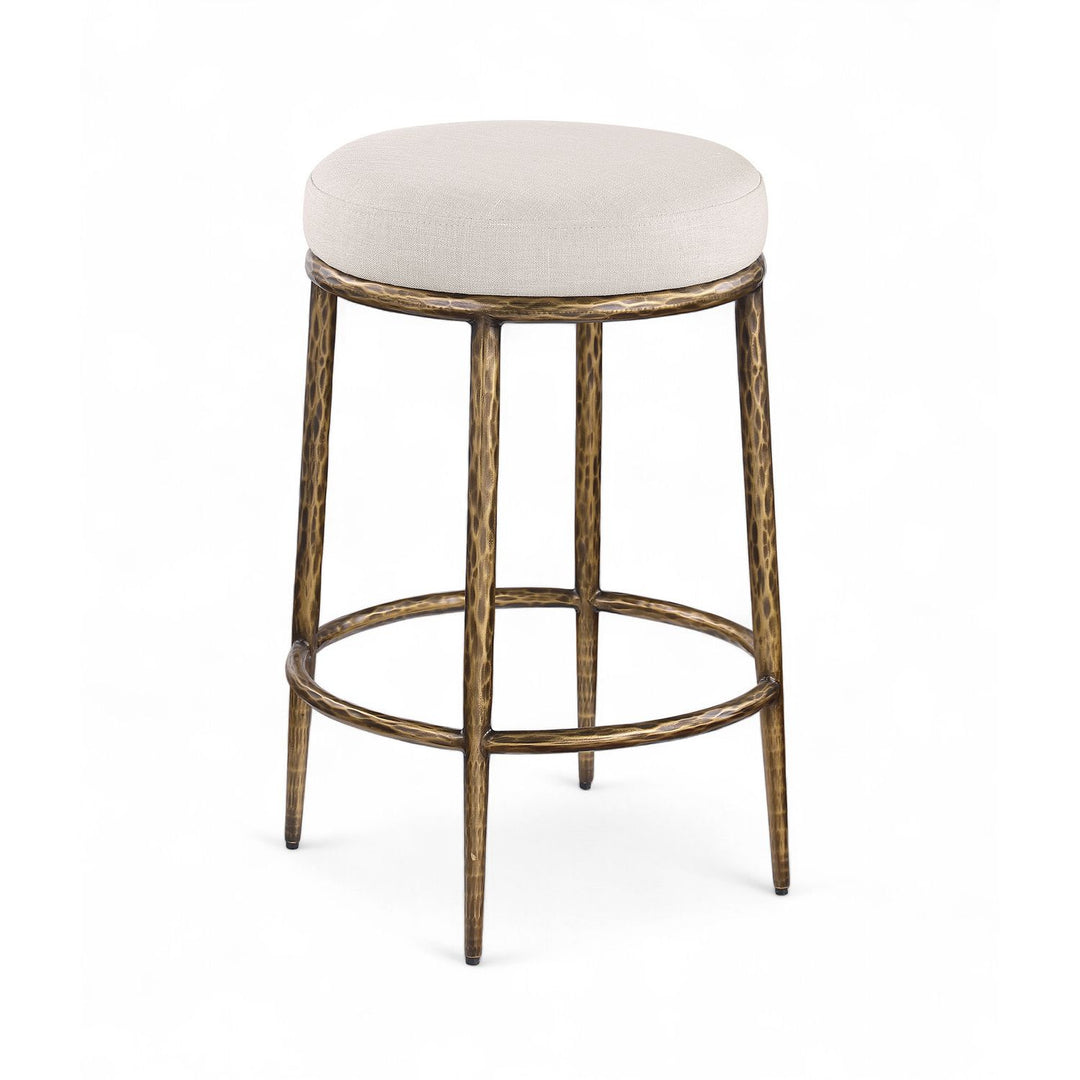Ferro Linen Textured Performance Fabric Upholstered Counter Stool — Beige / Brushed Gold