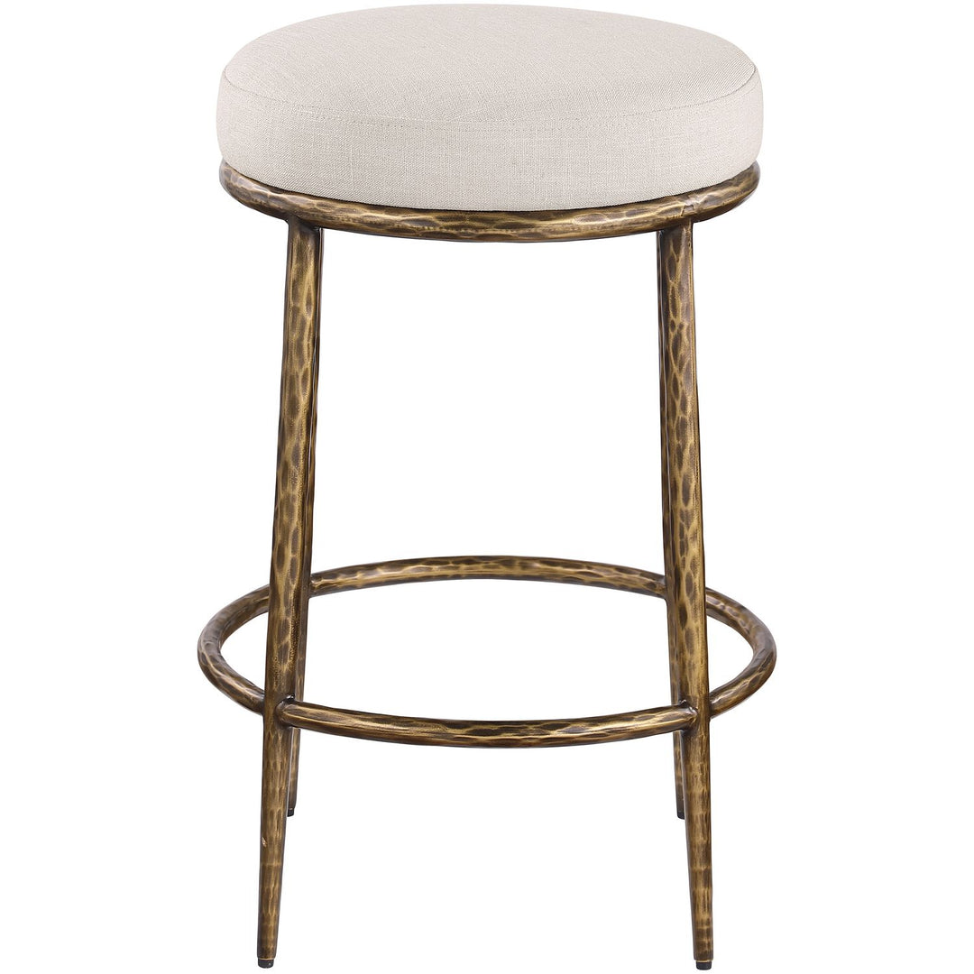 Ferro Linen Textured Performance Fabric Upholstered Counter Stool — Beige / Brushed Gold