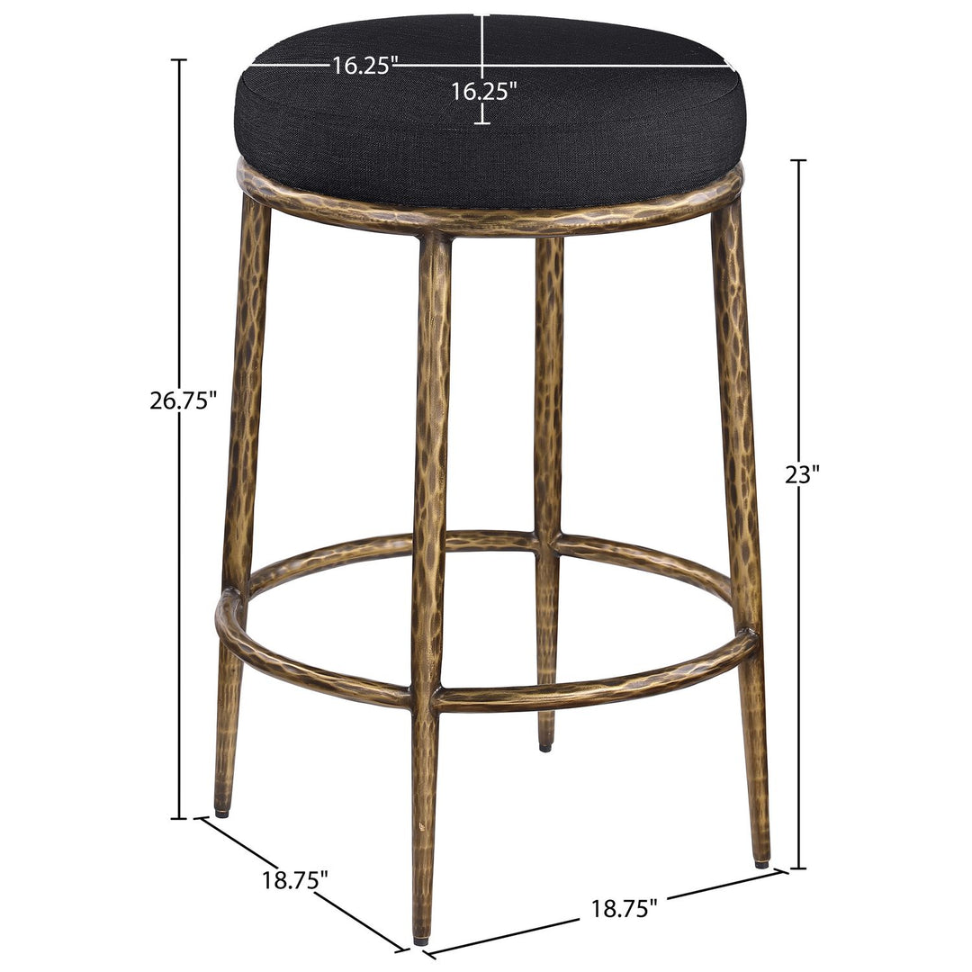 Ferro Linen Textured Performance Fabric Upholstered Counter Stool — Black / Brushed Gold