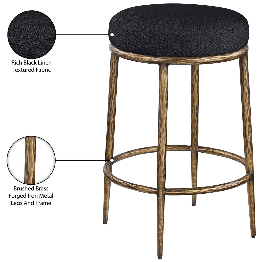 Ferro Linen Textured Performance Fabric Upholstered Counter Stool — Black / Brushed Gold