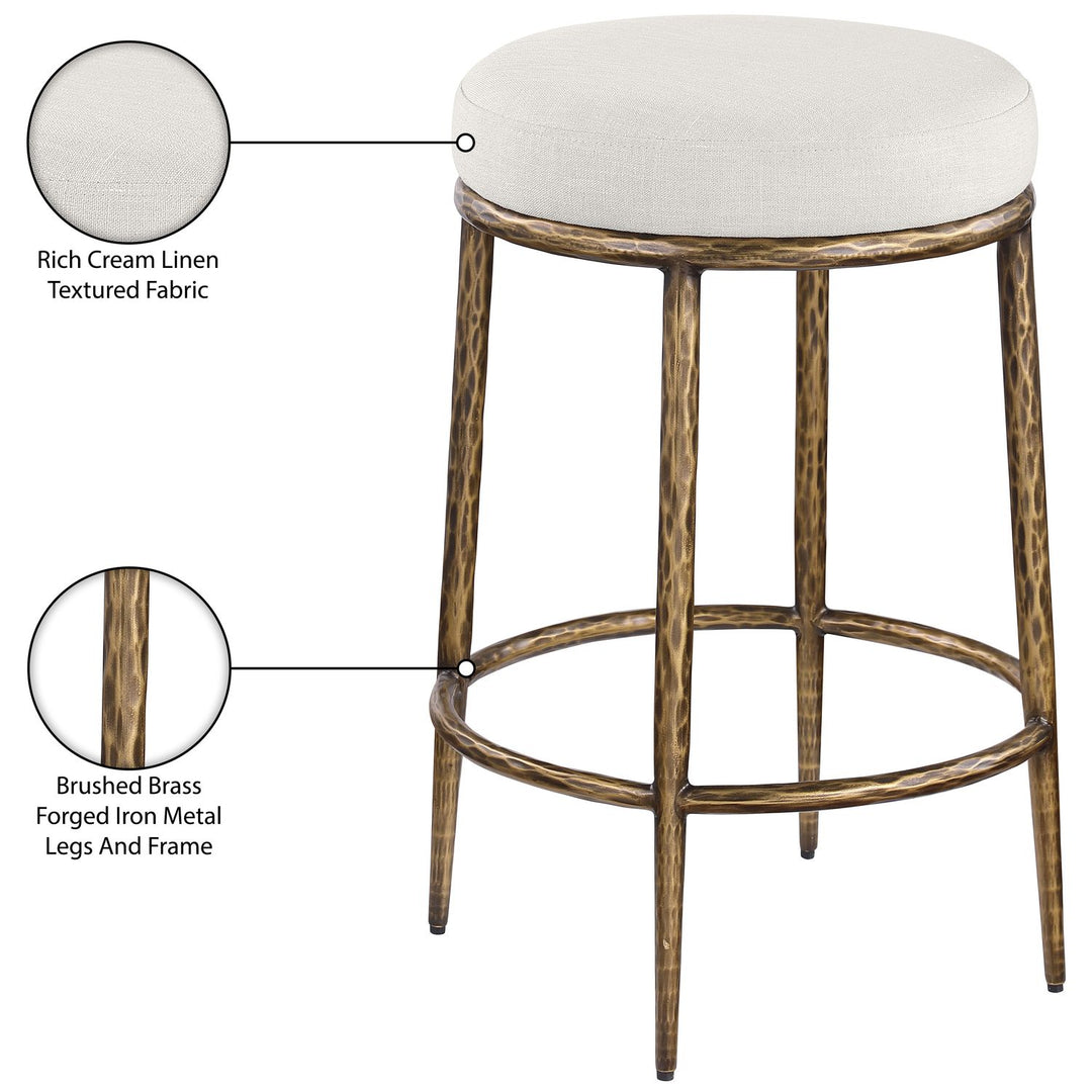 Ferro Linen Textured Performance Fabric Upholstered Counter Stool — Cream / Brushed Gold