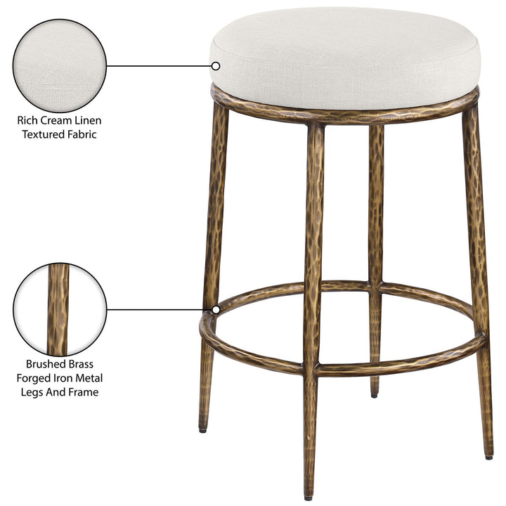 Ferro Linen Textured Performance Fabric Upholstered Counter Stool — Cream / Brushed Gold