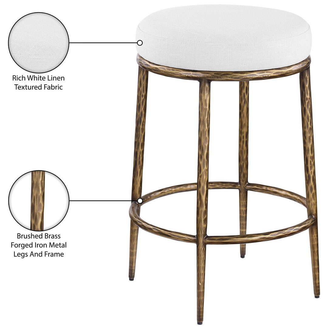 Ferro Linen Textured Performance Fabric Upholstered Counter Stool — White / Brushed Gold