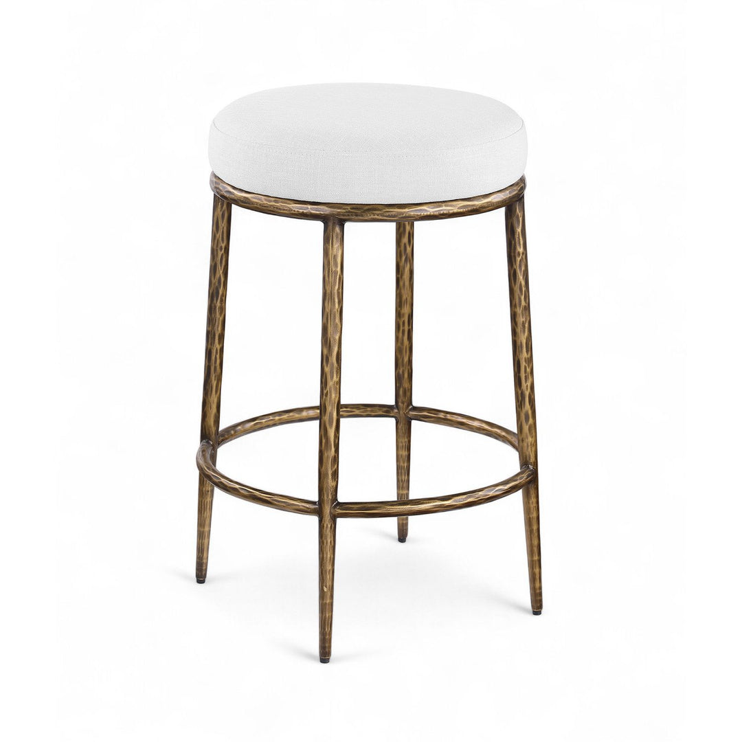Ferro Linen Textured Performance Fabric Upholstered Counter Stool — White / Brushed Gold