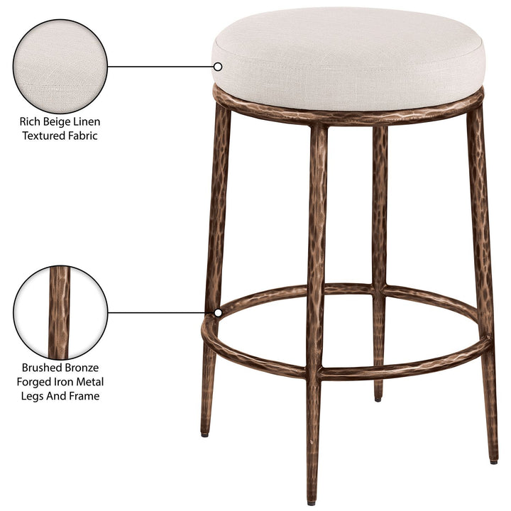 Ferro Linen Textured Performance Fabric Upholstered Counter Stool — Beige / Brushed Bronze