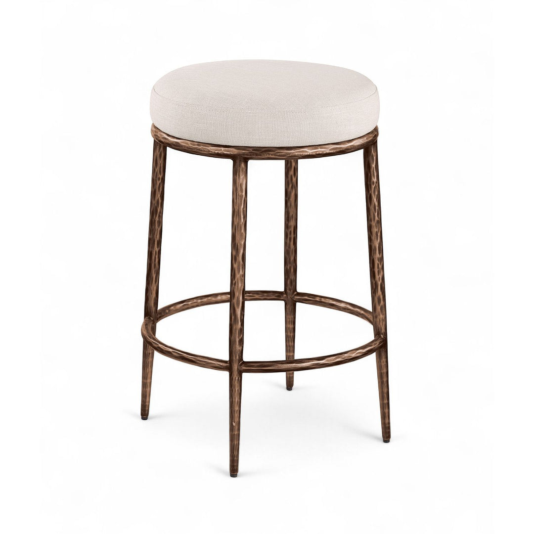 Ferro Linen Textured Performance Fabric Upholstered Counter Stool — Beige / Brushed Bronze