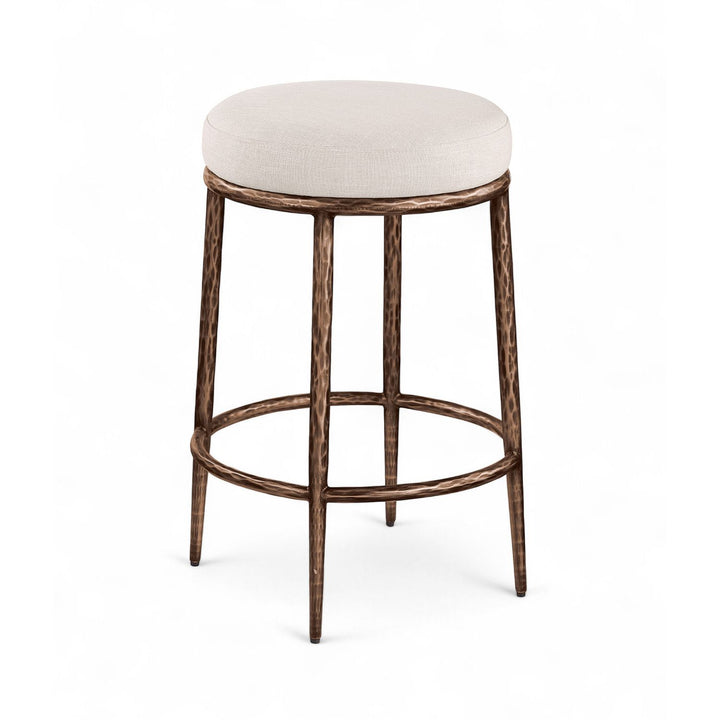 Ferro Linen Textured Performance Fabric Upholstered Counter Stool — Beige / Brushed Bronze