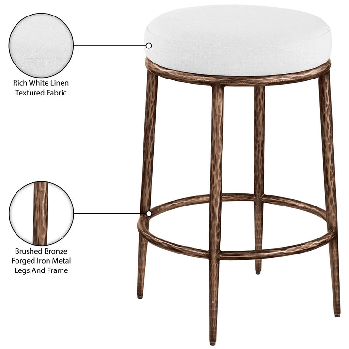 Ferro Linen Textured Performance Fabric Upholstered Counter Stool — White / Brushed Bronze