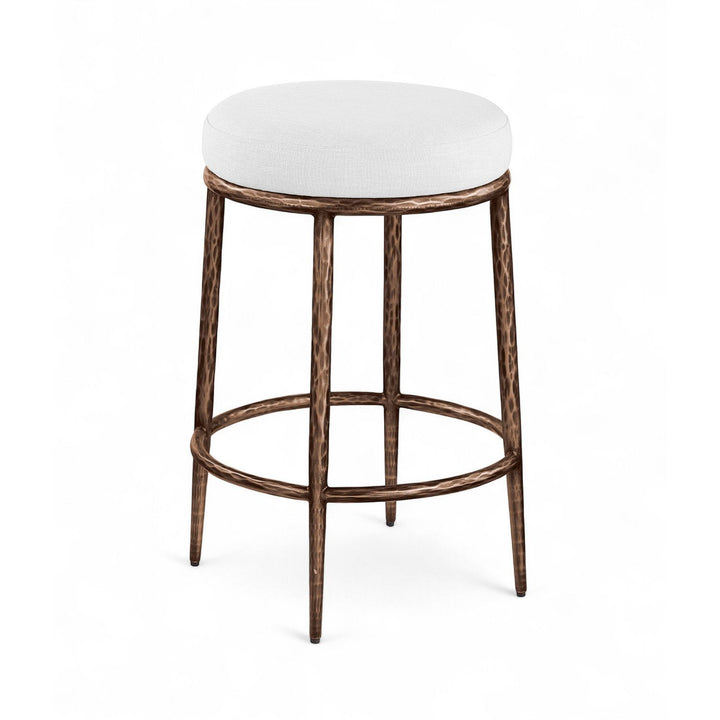 Ferro Linen Textured Performance Fabric Upholstered Counter Stool — White / Brushed Bronze