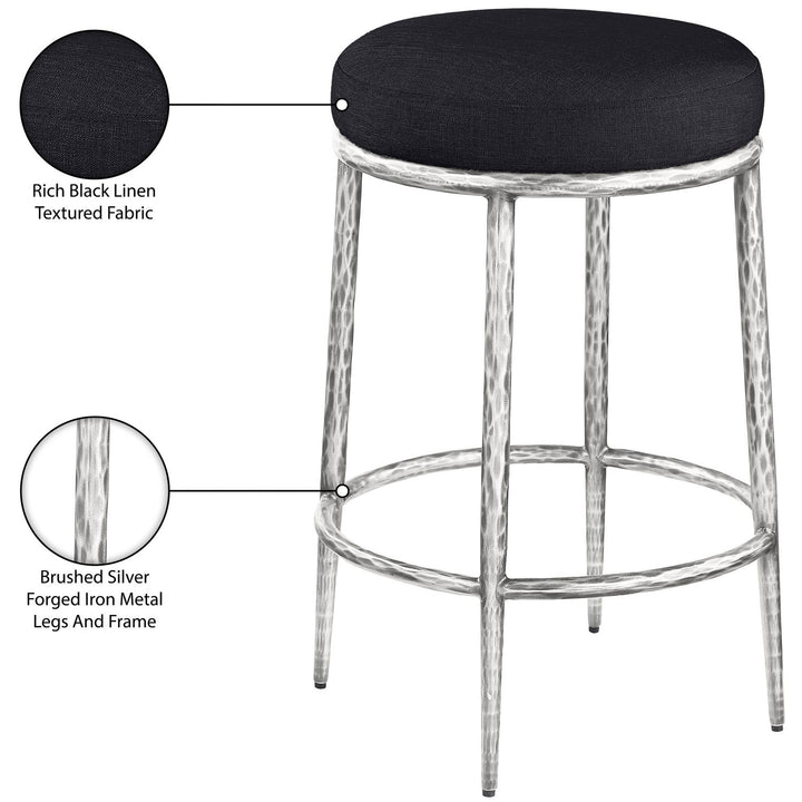 Ferro Linen Textured Performance Fabric Upholstered Counter Stool — Black / Brushed Silver