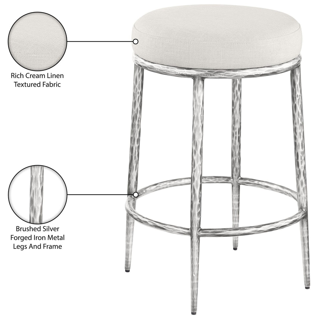 Ferro Linen Textured Performance Fabric Upholstered Counter Stool — Cream / Brushed Silver