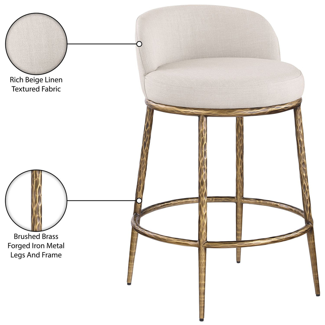 Ferro Linen Textured Performance Fabric Upholstered Counter Stool — Beige / Brushed Gold