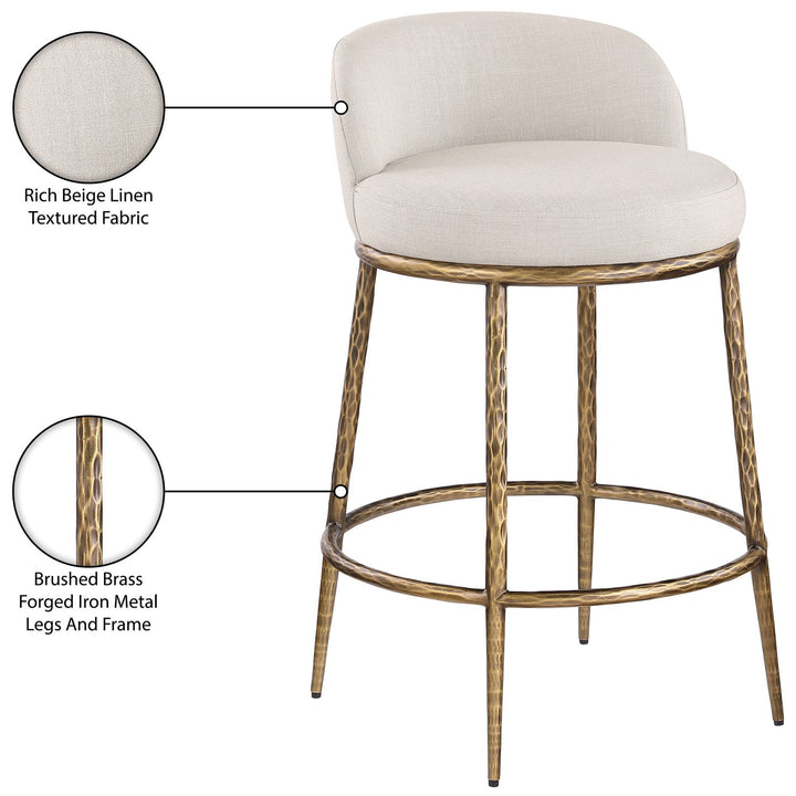 Ferro Linen Textured Performance Fabric Upholstered Counter Stool — Beige / Brushed Gold