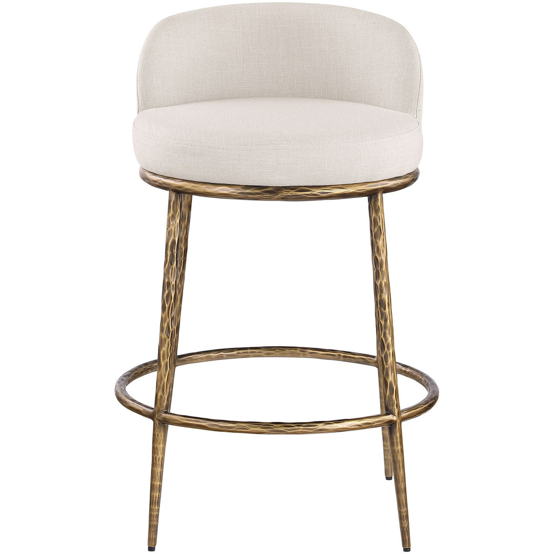 Ferro Linen Textured Performance Fabric Upholstered Counter Stool — Beige / Brushed Gold
