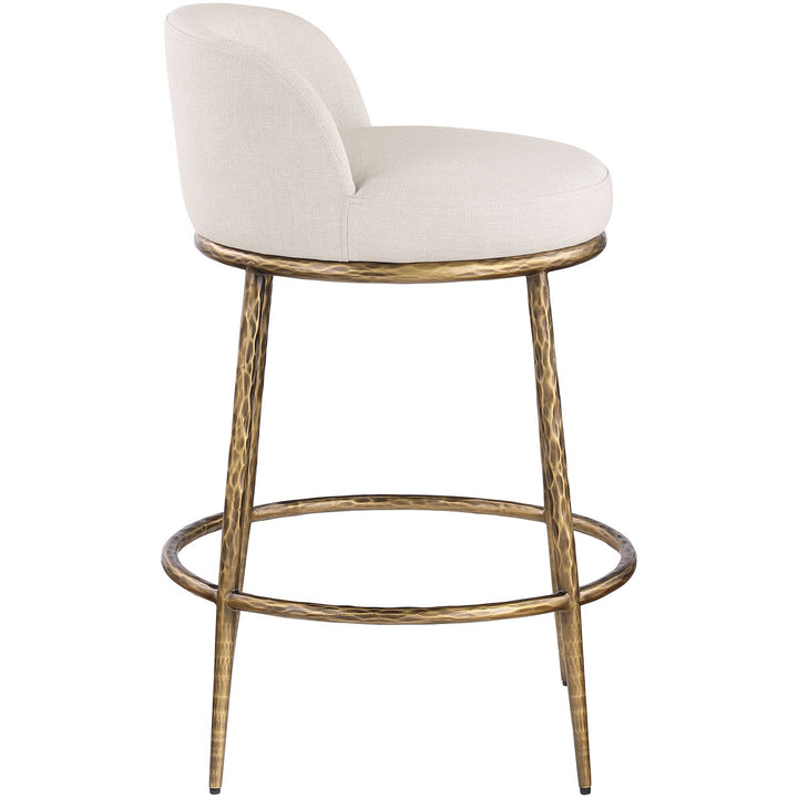 Ferro Linen Textured Performance Fabric Upholstered Counter Stool — Beige / Brushed Gold