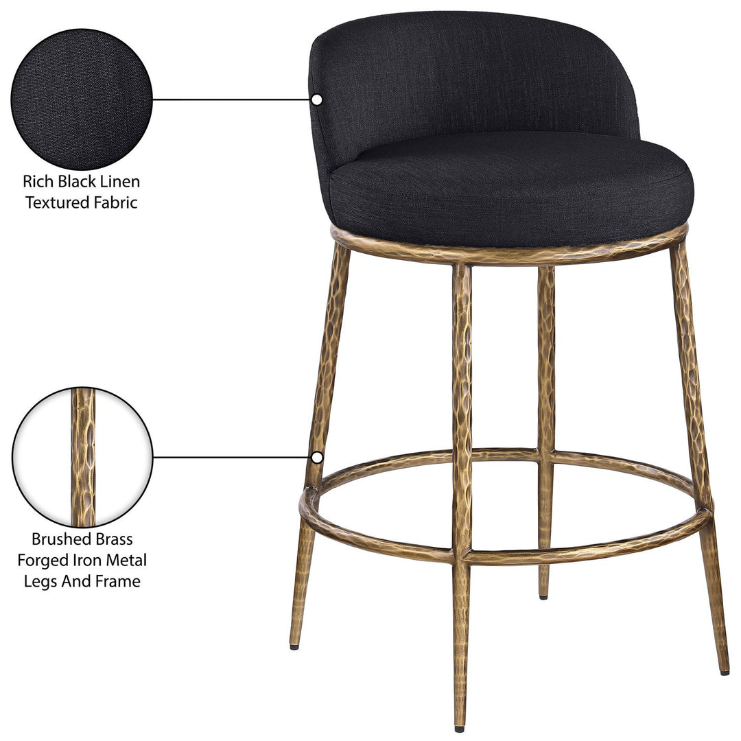 Ferro Linen Textured Performance Fabric Upholstered Counter Stool — Black / Brushed Gold