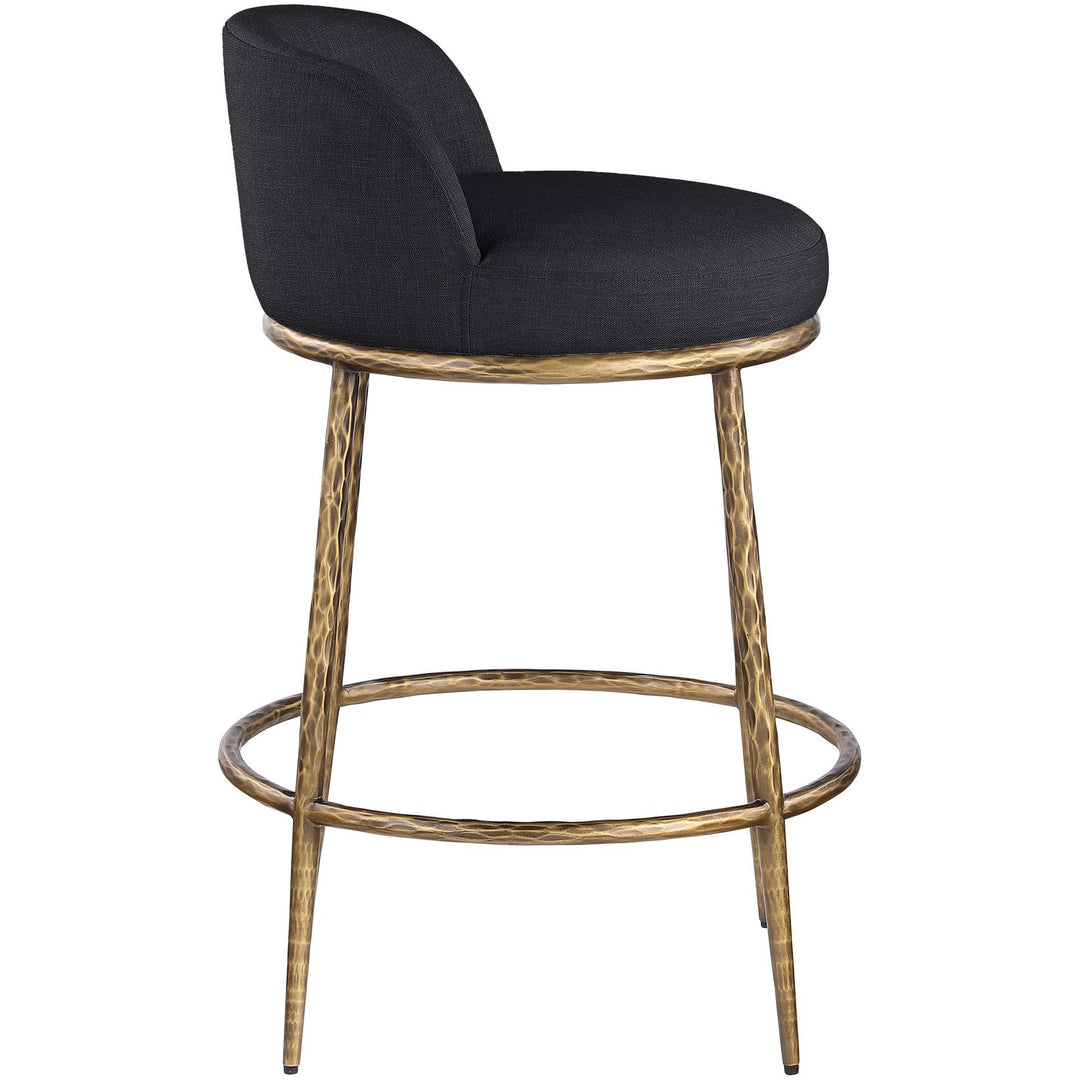 Ferro Linen Textured Performance Fabric Upholstered Counter Stool — Black / Brushed Gold