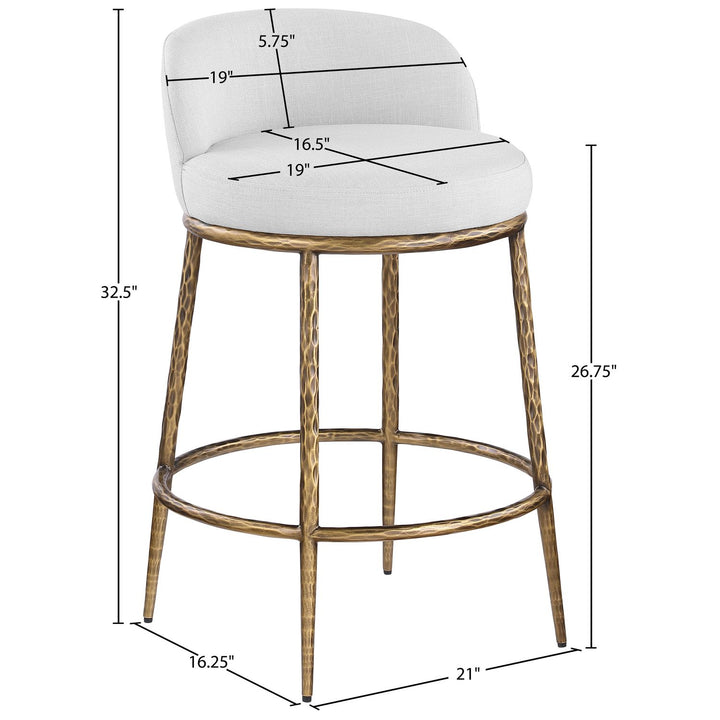 Ferro Linen Textured Performance Fabric Upholstered Counter Stool — White / Brushed Gold