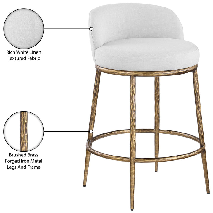 Ferro Linen Textured Performance Fabric Upholstered Counter Stool — White / Brushed Gold