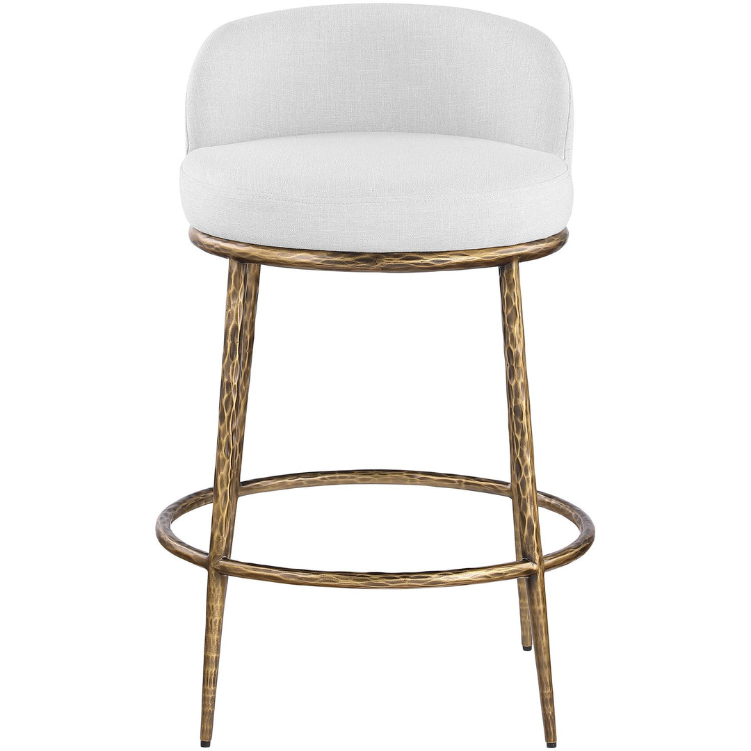 Ferro Linen Textured Performance Fabric Upholstered Counter Stool — White / Brushed Gold