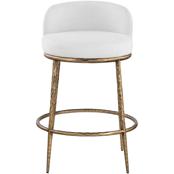 Ferro Linen Textured Performance Fabric Upholstered Counter Stool — White / Brushed Gold