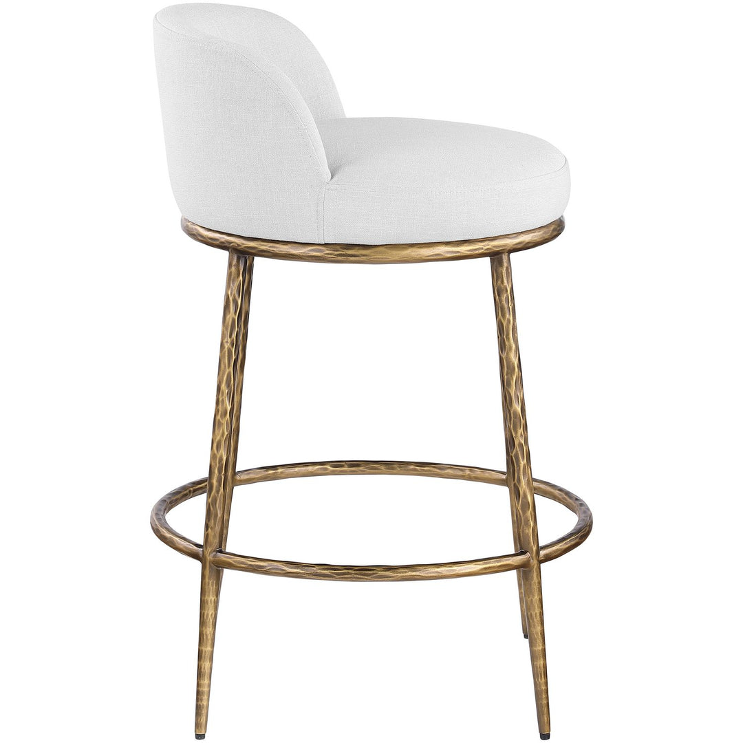 Ferro Linen Textured Performance Fabric Upholstered Counter Stool — White / Brushed Gold