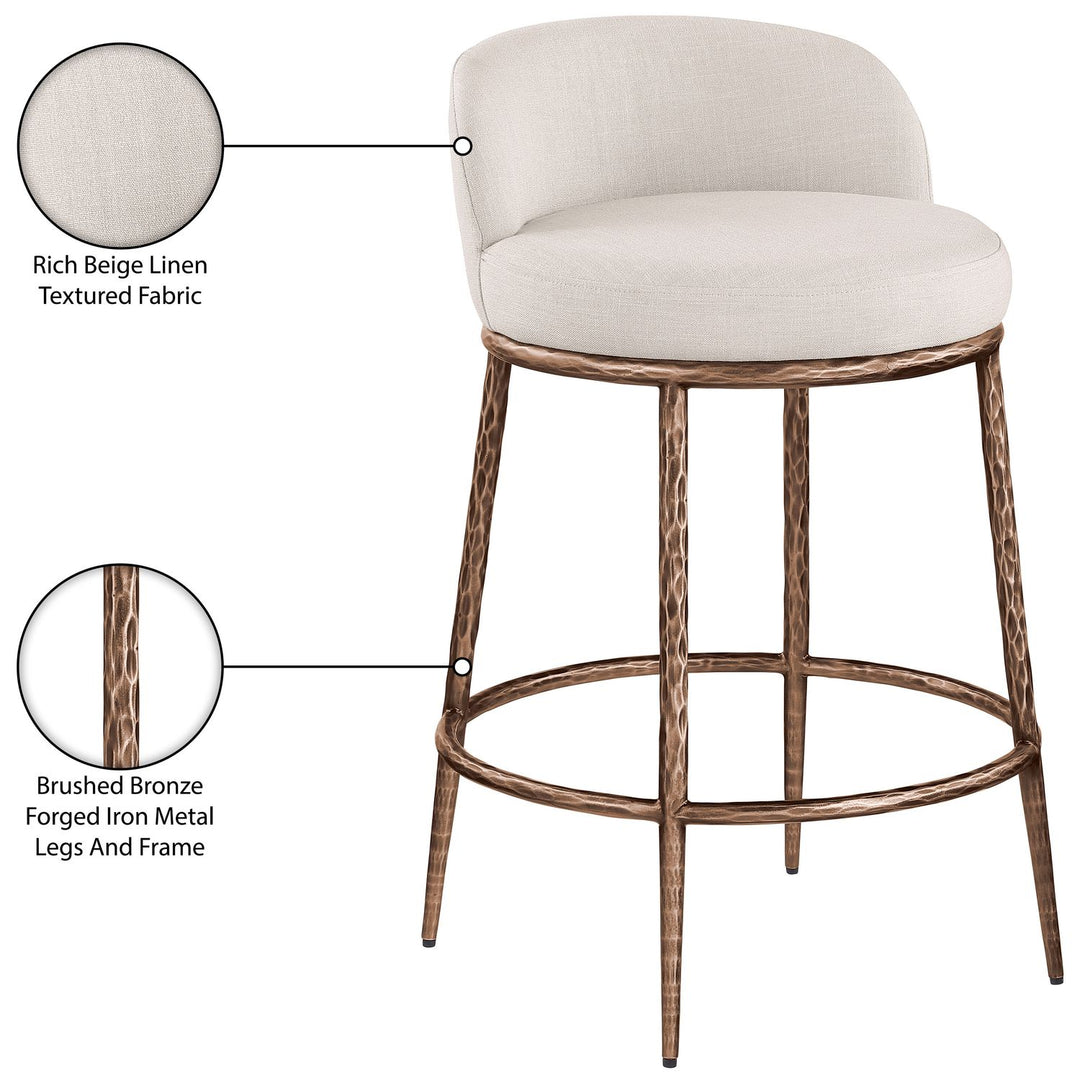 Ferro Linen Textured Performance Fabric Upholstered Counter Stool — Beige / Brushed Bronze