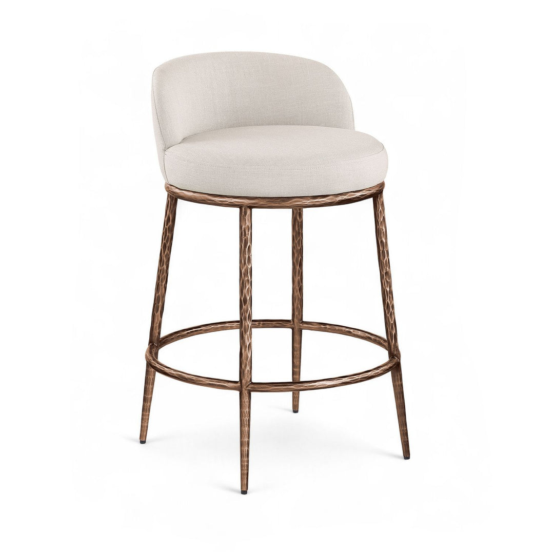 Ferro Linen Textured Performance Fabric Upholstered Counter Stool — Beige / Brushed Bronze