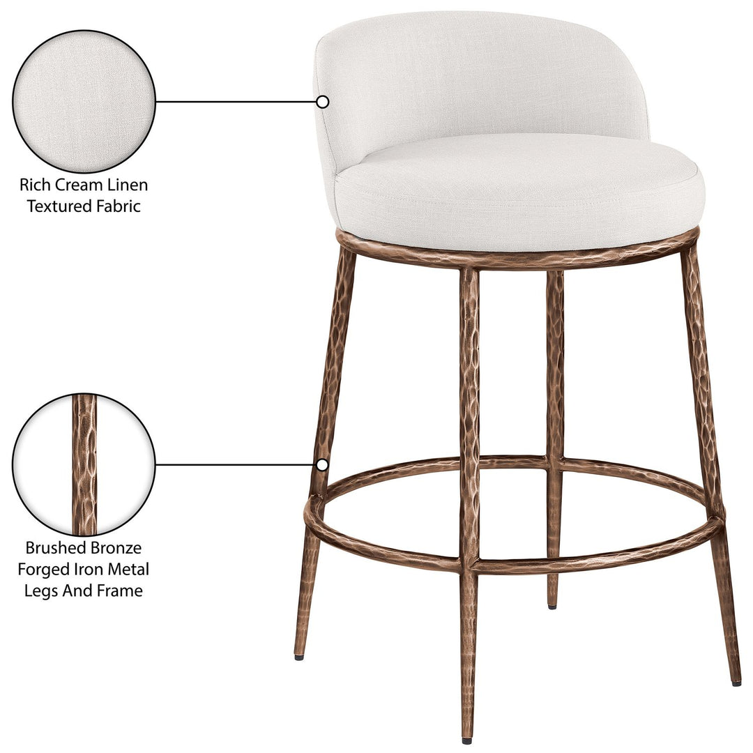 Ferro Linen Textured Performance Fabric Upholstered Counter Stool — Cream / Brushed Bronze