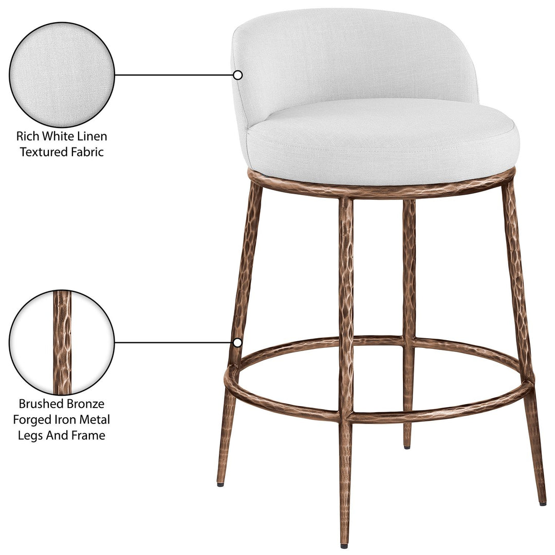 Ferro Linen Textured Performance Fabric Upholstered Counter Stool — White / Brushed Bronze