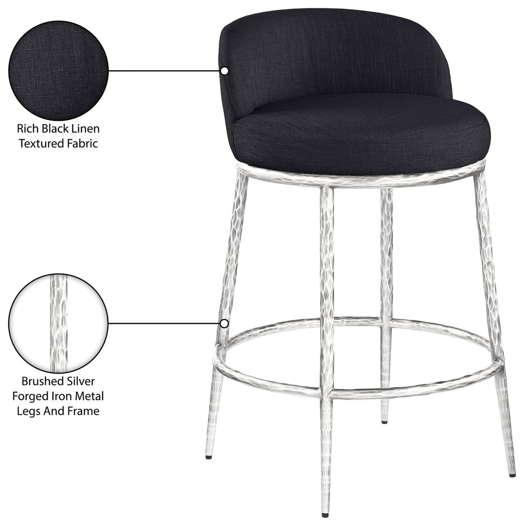 Ferro Linen Textured Performance Fabric Upholstered Counter Stool — Black / Brushed Silver