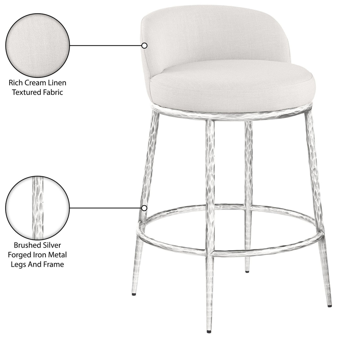 Ferro Linen Textured Performance Fabric Upholstered Counter Stool — Cream / Brushed Silver