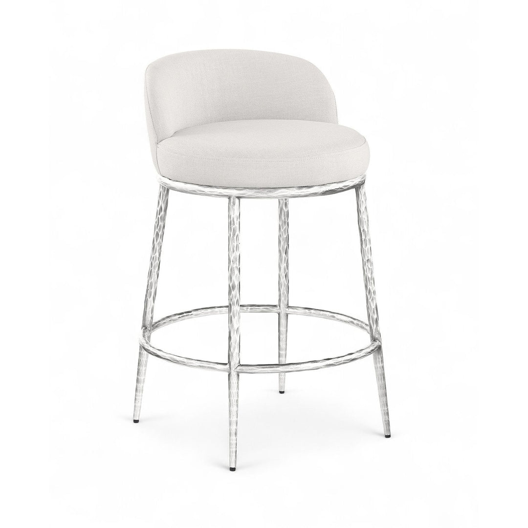 Ferro Linen Textured Performance Fabric Upholstered Counter Stool — Cream / Brushed Silver