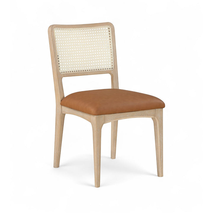 Atrium Cane Back And Vegan Leather Upholstered Seat Dining Chair — Cognac / Brushed Natural / White Cerusing