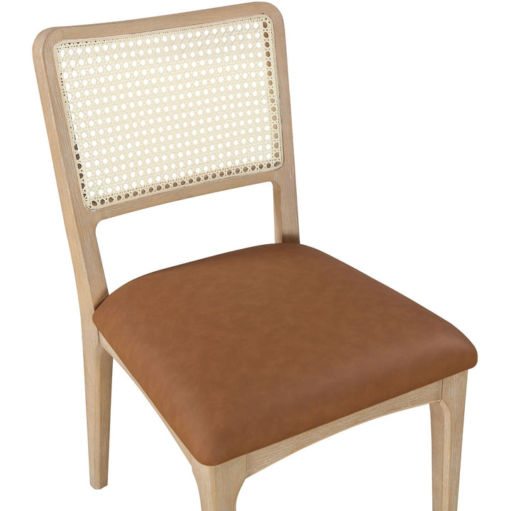Atrium Cane Back And Vegan Leather Upholstered Seat Dining Chair — Cognac / Brushed Natural / White Cerusing