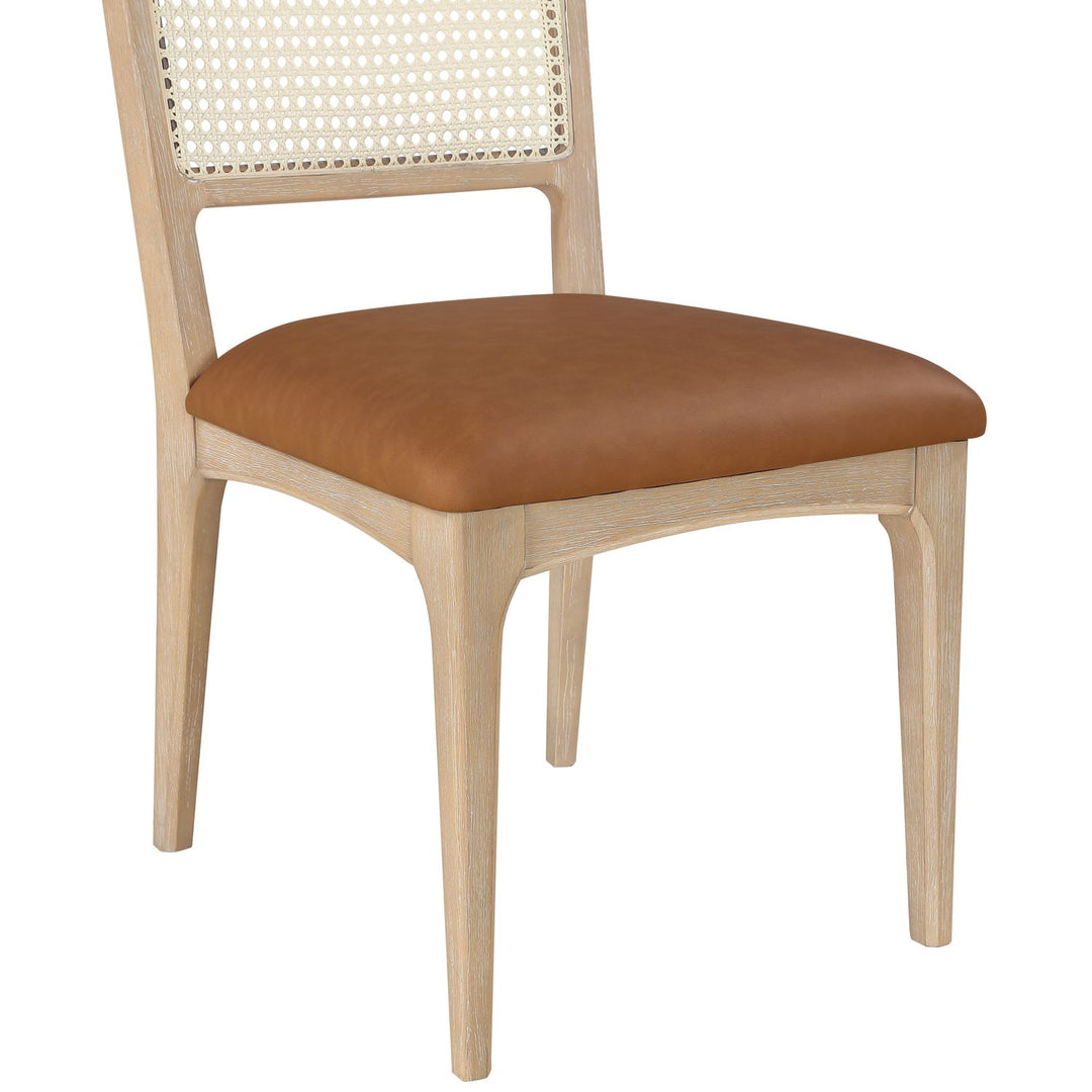 Atrium Cane Back And Vegan Leather Upholstered Seat Dining Chair — Cognac / Brushed Natural / White Cerusing