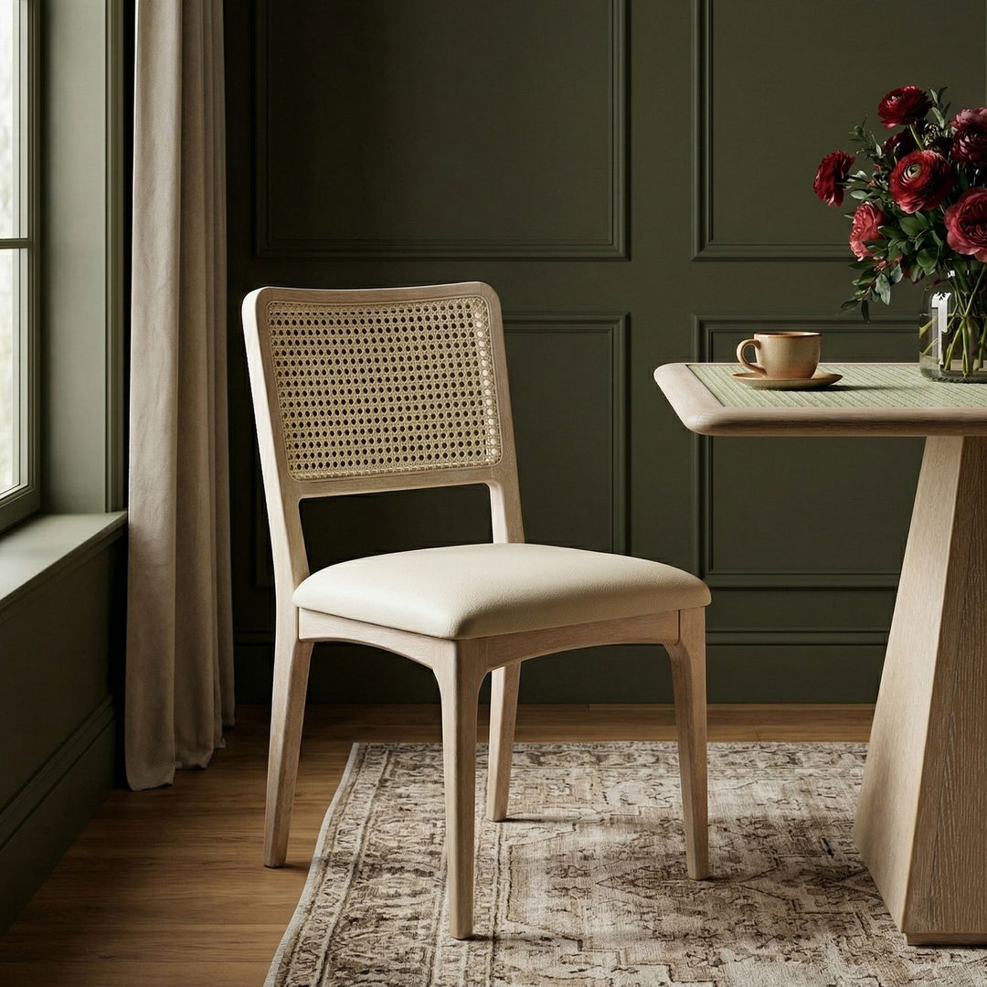 Atrium Cane Back And Vegan Leather Upholstered Seat Dining Chair — Cream / Brushed Natural / White Cerusing