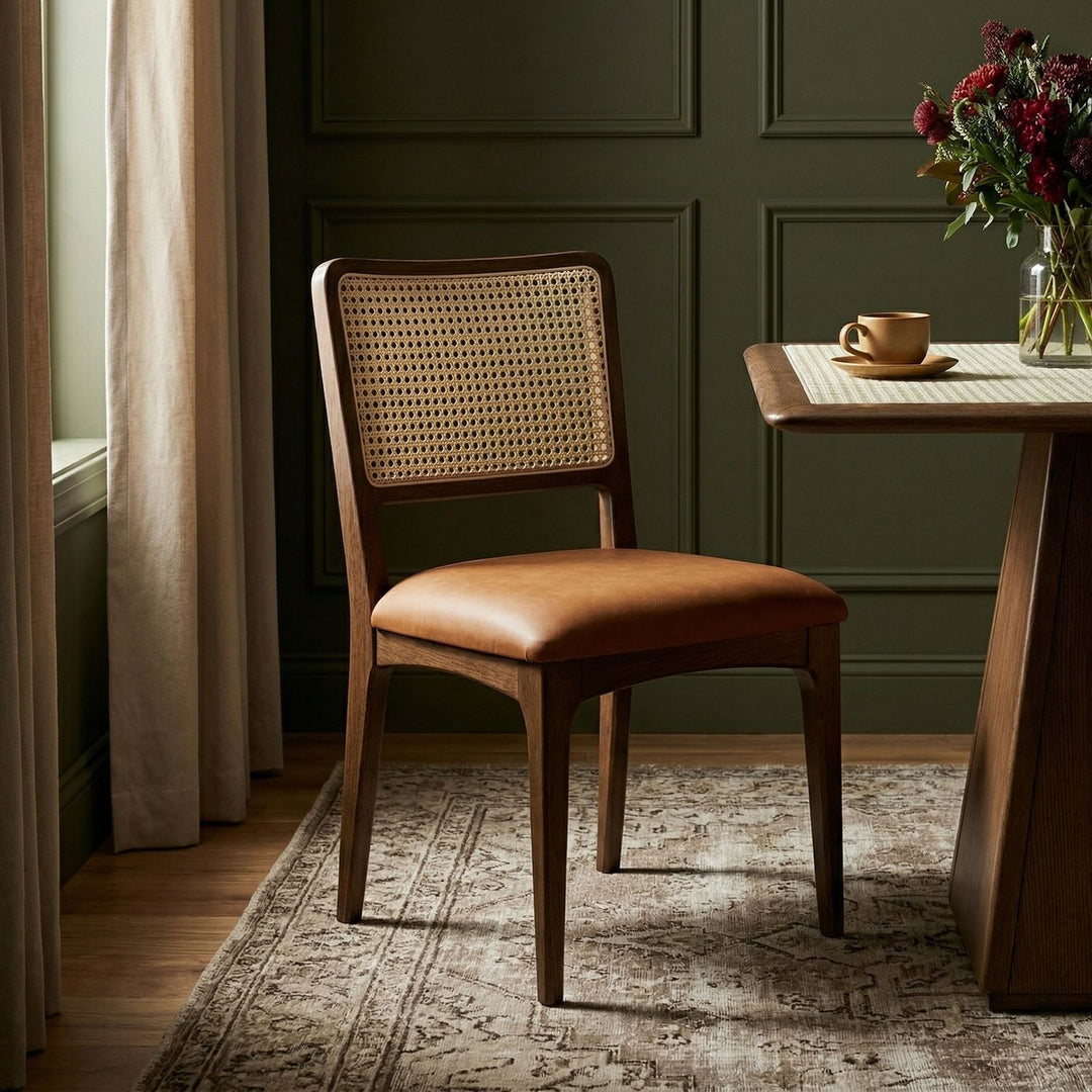 Atrium Cane Back And Vegan Leather Upholstered Seat Dining Chair — Cognac / Brushed Brown